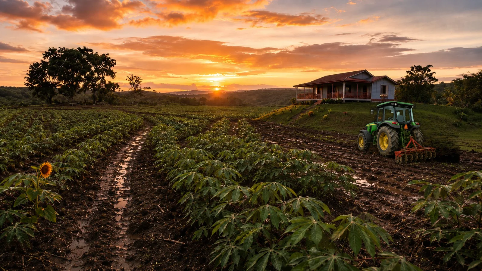 Sunset over the cassava fields and the family farmhouse in Muelle de San Carlos