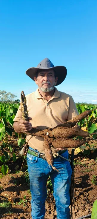 Nango holding freshly harvested cassava at the family farm